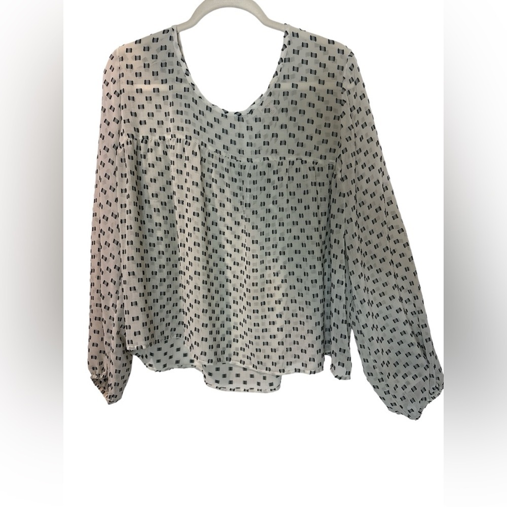 Merona XL Sheer Geometric Print Blouse Cream Black Long Sleeve - Picture 2 of 5